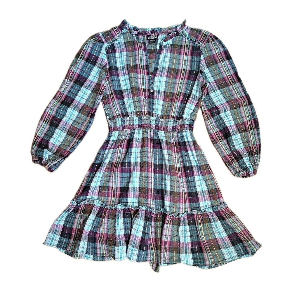 Angie Large Dress V-Neck Bell Sleeve Buttons Tiered Elastic Waist Boho